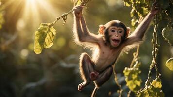 Playful monkey swinging from a branch in a sunlit forest, surrounded by lush greenery photo