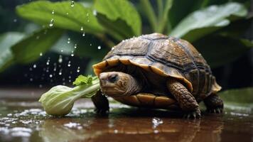 A tortoise munching on lettuce while droplets of water fall around it in a lush environment photo