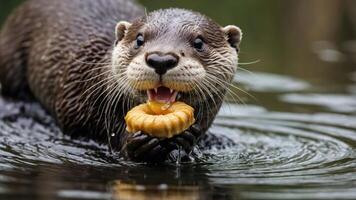 Playful otter swimming in a serene pond, joyfully holding a yellow treat, surrounded by nature photo