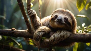 A sloth relaxes on a tree branch in a lush jungle, illuminated by soft sunlight filtering through leaves photo