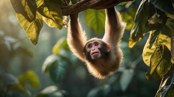 Playful monkey hanging from a tree branch in a lush green forest with sunlight filtering through leaves photo