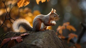 Squirrel Foraging on a Tree Stump Amidst Autumn Leaves in a Forest Setting photo