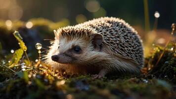 Close-up of a hedgehog foraging in a dewy forest setting during golden hour, showcasing nature photo