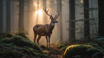 Majestic deer standing in a misty forest with sunlight streaming through trees, creating an ethereal atmosphere photo