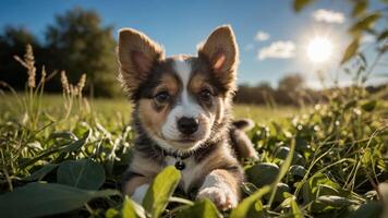 Playful corgi puppy lounging in a sunlit grassy field with vibrant greenery and soft clouds photo