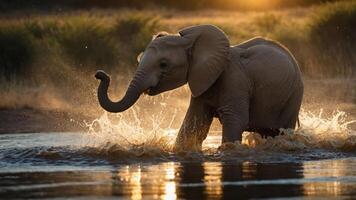 Young elephant splashes in a river at sunset, creating a serene wildlife scene photo