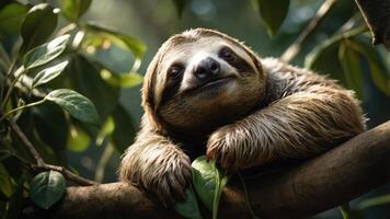 A tranquil sloth resting on a branch in a lush green rainforest, surrounded by vibrant foliage photo