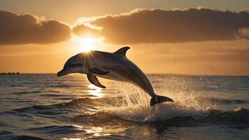 Dolphin leaping from ocean at sunset, creating splashes, with clouds and distant shoreline visible photo