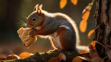 Squirrel Enjoying a Snack on a Tree Branch Surrounded by Autumn Leaves in a Forest photo
