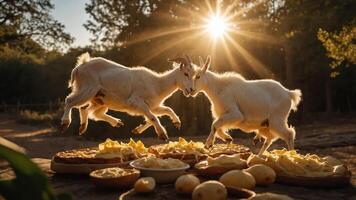 Two playful goats leap over a spread of various cheeses and potatoes at sunset in a serene setting photo