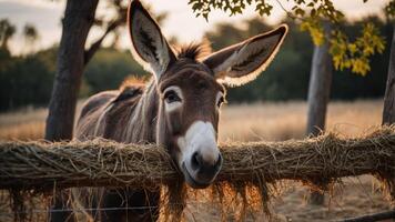 A serene donkey resting its head on a wooden fence at sunset in a tranquil rural setting photo