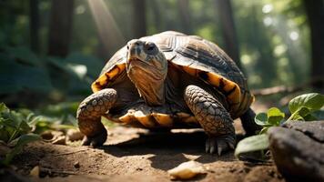 A close-up of a turtle navigating through a sunlit forest floor with greenery and stones photo