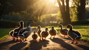 A serene scene of a family of ducks walking along a sunlit path in a lush green park photo