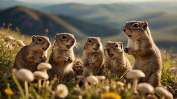 Five small mammals gather on a grassy hill, interacting playfully among wildflowers at sunset photo