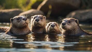 Group of four playful otters swimming together in a serene river setting with lush greenery photo