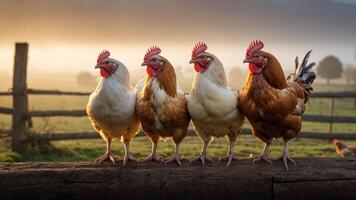 Four chickens standing in a row on a log at sunrise, with a misty farm landscape in the background photo