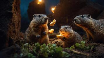 Three playful ground squirrels catch food in a forest setting illuminated by soft lights photo