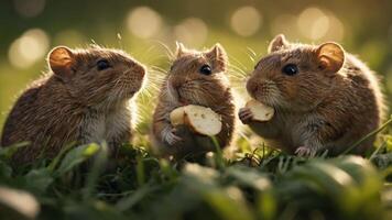 Three adorable small rodents enjoying snacks on a sunny grass field with a blurred background photo