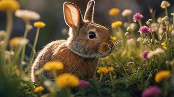 A serene rabbit exploring a vibrant flower-filled meadow during a sunny afternoon photo