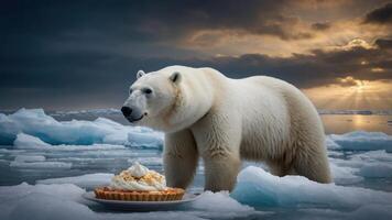 A polar bear stands on icy terrain, curiously eyeing a dessert pie with whipped cream nearby photo