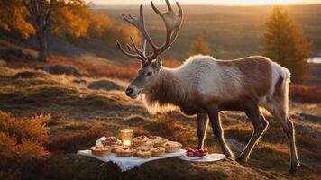 A majestic reindeer curiously approaches a picnic of pastries at sunset in a serene forest setting photo