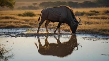 A solitary wildebeest drinking from a serene waterhole at sunset, surrounded by golden grasslands photo