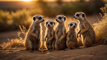 Five meerkats standing together in a desert landscape during a golden sunset, showcasing their social behavior photo