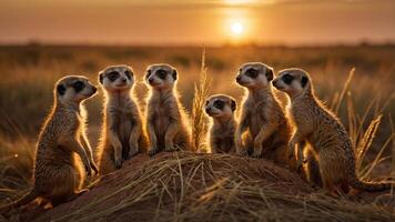 A group of meerkats stands alert on a mound during a vibrant sunset in the savanna photo