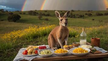 A kangaroo sitting at a picnic table surrounded by various foods under a rainbow in a serene landscape photo