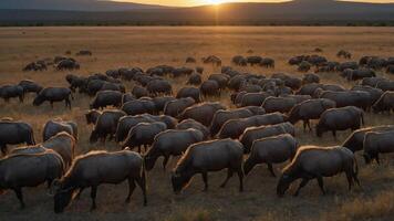 Herd of wildebeests grazing at sunset in a vast savannah landscape with golden grass photo