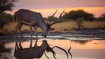 Majestic antelope drinking from a serene waterhole at sunset in a tranquil African landscape photo