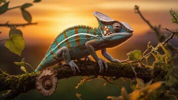 Colorful chameleon perched on a branch at sunset, surrounded by lush foliage and nature photo
