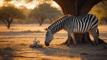 Zebra grazing peacefully under a tree at sunset, with a warm golden glow illuminating the scene photo