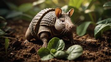 A close-up of an armadillo exploring a lush green habitat with vibrant foliage and soil photo