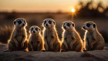 Group of meerkats standing in silhouette at sunset in a desert landscape, creating a serene scene photo