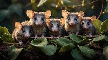 Five adorable marsupials perched on a log surrounded by lush greenery in a serene forest setting photo