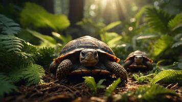 Two turtles navigating through a lush forest, surrounded by ferns and soft sunlight filtering through trees photo