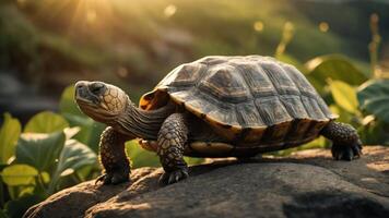 A tortoise basking on a rock under the warm sunlight, surrounded by lush greenery and hills photo