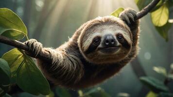 A cheerful sloth hanging from a tree branch in a lush forest with sunlight filtering through leaves photo