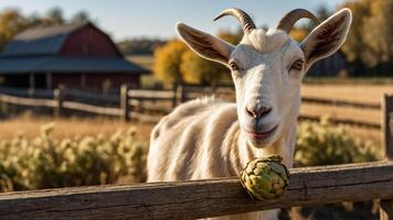A curious goat munching on an artichoke near a rustic barn in a serene autumn landscape photo