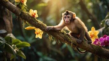 Young monkey perched on a branch surrounded by vibrant orchids in a lush jungle setting photo