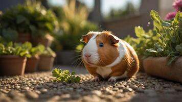 A curious guinea pig exploring a vibrant garden with potted plants and sunlight in the background photo