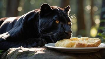 A black panther resting in a forest, curiously eyeing a plate of fluffy pancakes on a log photo