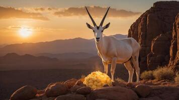 Majestic white antelope standing on rocky terrain at sunset, surrounded by golden light and mountains photo
