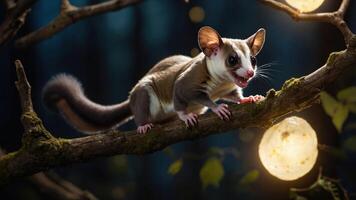 A sugar glider perched on a branch at night, illuminated by glowing orbs in a forest setting photo