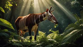 Majestic Okapi Grazing in Lush Jungle Under Sunlight with Greenery Surrounding It photo