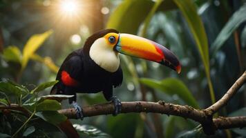 Vibrant toucan perched on a branch in a lush tropical rainforest with sunlight filtering through leaves photo
