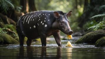 Spotted animal wading through a tranquil stream in a lush, green forest setting photo