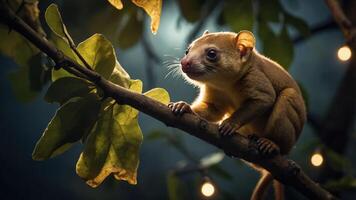 A curious marsupial perched on a branch surrounded by lush foliage and soft, glowing lights at night photo