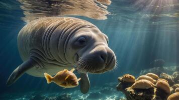 Underwater scene featuring a manatee swimming gracefully with fish and coral in a serene environment photo